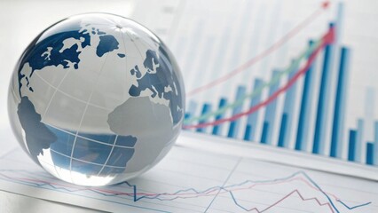 A clear glass globe rests on financial charts, symbolizing global economy trends and data analysis for businesses and markets.