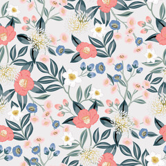 Winter Blooms Camellia, Plum Blossom, and Narcissus. Vector illustration of a seamless pattern