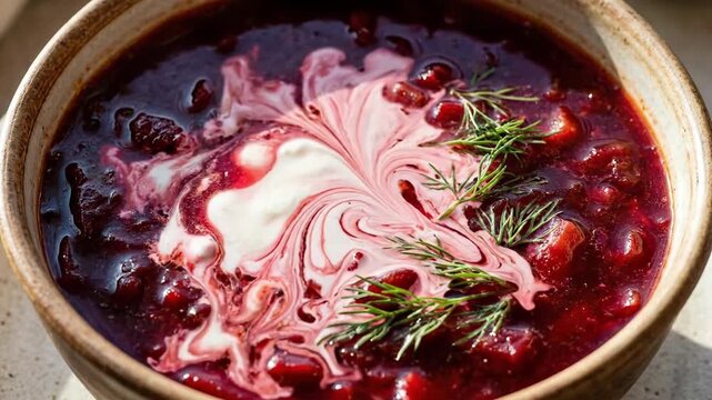 Top view of sour cream swirling into hot red borscht