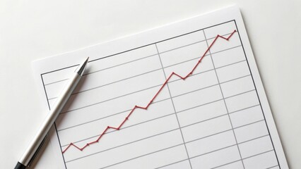 A pen rests beside a graph on paper, displaying an upward trend with red lines against a blank grid background, suggesting growth or improvement.