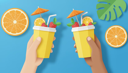 Refreshing summer drinks toast bright blue background graphic design vibrant environment close-up view celebration concept