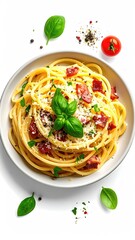 Creamy pasta dish with bacon and parmesan cheese.  Fresh basil and spices surround a bowl of spaghetti