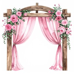 Watercolor archway, draped in blush pink fabric, adorned with pink roses and greenery.  Wooden archway with arching top