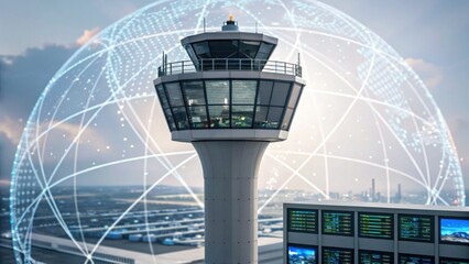 A modern airport control tower surrounded by a digital globe, showcasing advanced technology and connectivity in aviation.