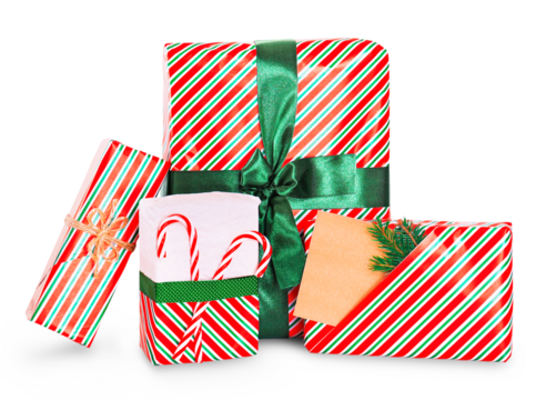 Group of Christmas gifts wrapped in striped paper, including one with candy canes and another with a blank note card, isolated.