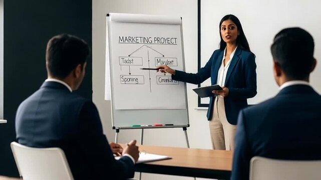 Dynamic business presentation with confident businesswoman explaining marketing strategy to team, fostering collaboration and driving growth in modern corporate environment