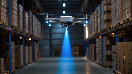 A drone hovers in a warehouse, projecting a blue beam, amidst rows of stacked boxes, showcasing advanced technology in logistics.