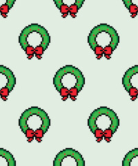 pixel Christmas wreath Seamless Pattern vector background pixel art for 8 bit game	
