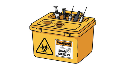Yellow sharps waste container filled with needles and syringes, isolated on
