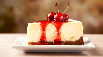 Delicious cheesecake slice with cherry topping on a white plate