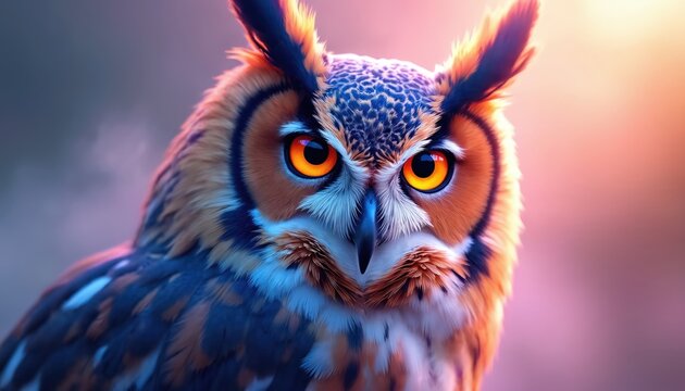 Close up portrait of colorful owl with bright orange eyes. Feather details show intricate patterns. Dreamlike background blends pink purple and orange hues. This wise bird stares intently. - Powered by Adobe