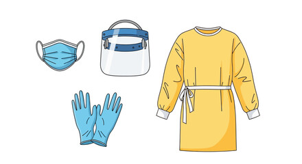 Personal protective equipment including face mask, face shield, surgical gown, and gloves, isolated on