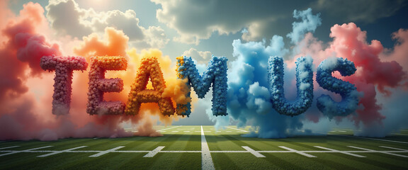 Colorful smoke formation spelling team us on football field  