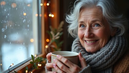 Smiling senior woman holds mug near window with snow outside. Cozy lady enjoys warm drink, winter scene with bokeh lights. She wears scarf and sweater indoors, feeling content.