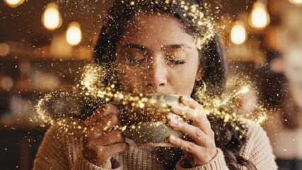 Woman sipping enchanting hot drink with golden sparkles in cozy cafe. Magical beverage experience unfolds with swirling particles around her face and mug during intimate moment. Conceptual footage