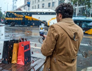 Urban solitude on a rainy day a man in a brown coat looks out a window adorned with water droplets
