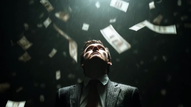 Businessman in Suit Surrounded by Flying Cash