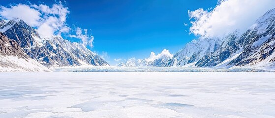 A wide, panoramic view of a frozen landscape featuring a vast glacier and towering, snow-covered mountains under a clear blue sky with scattered clouds.