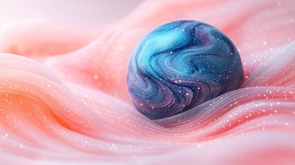 Fototapeta premium Artistic rendering of a swirling, celestial sphere resting on wavy, translucent, pink fabric with sparkling highlights