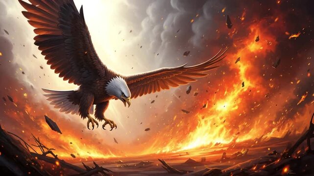 Bald eagle soars through a fiery landscape in a dramatic scene