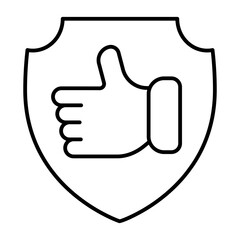 Warranty emblem and thumb up finger hand thin line icon, quality control concept. Vector graphics. Protection shield, safety sign on white background, style icon mobile or web design.