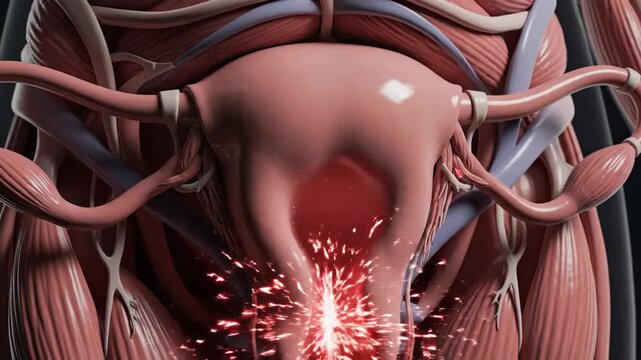 Uterus and Ovaries with Glowing Red Spots Indicating Pain or Infection.