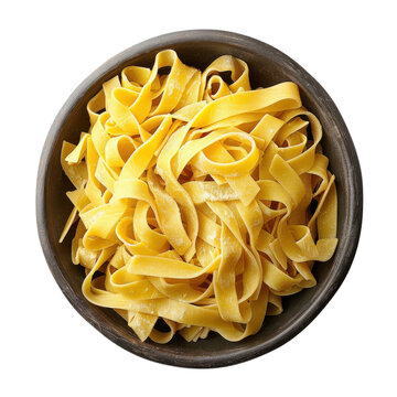 Rustic bowl of uncooked pasta ribbons, yellow egg noodles top view, Italian cooking ingredient for menu and packaging design isolated PNG with Transparent Background