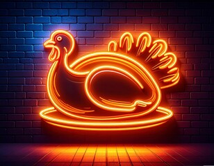 Vibrant neon turkey sign glowing on a dark brick wall perfect for festive dining and holiday