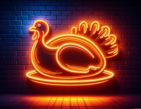 Vibrant neon turkey sign glowing on a dark brick wall perfect for festive dining and holiday
