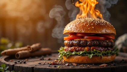 Flaming Burger With Smoke and Fire
