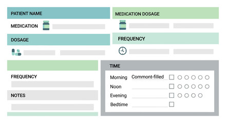 Medication log sheet with fields for patient name, medication, dosage, frequency, and time, with checkboxes for morning, noon, evening, and bedtime, isolated on