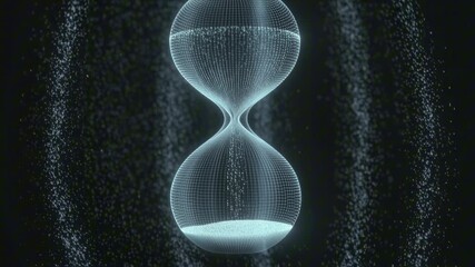 Pure black background, hologram hourglass made of light mesh, cyan violet glow, sand represented by falling particles of light, gentle looped flow, abstract time concept - Powered by Adobe