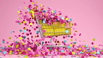 Vibrant confetti bursts around a small yellow shopping cart, creating a festive atmosphere against a bright pink backdrop. - Powered by Adobe
