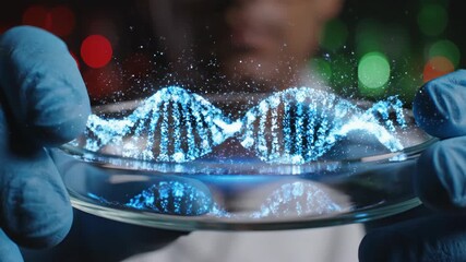 African american man in lab gloves holding glowing dna double helix structure. Genetic engineering and biotechnology research concept. Futuristic science visualization macro footage for advertising - Powered by Adobe