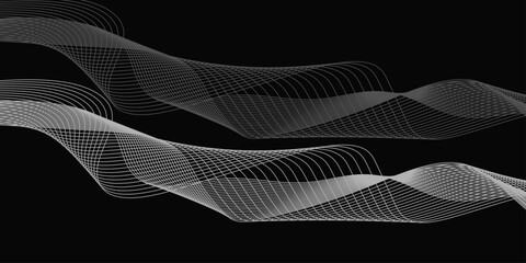 Dark abstract background with a glowing abstract waves. Abstract Wavy Lines in white Tones. Abstract wave design with flowing lines on black background. Abstract polygon wave lines on black.