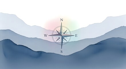 abstract compass rose over stylized misty mountain landscape for travel blogs, navigation app interface, website design and background illustration with copy space