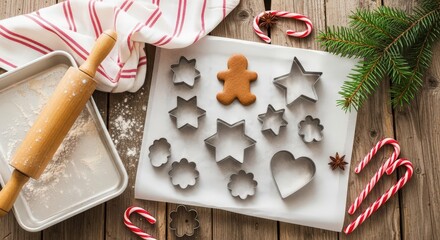 Christmas baking supplies with gingerbread cookie on wooden table