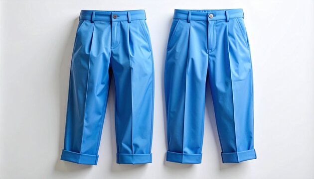 Bright blue tailored shorts with rolled cuffs and belt loops laid flat on white background, casual summer style.