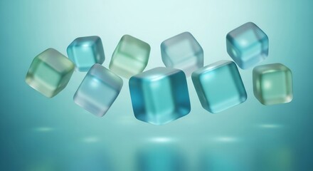Floating translucent bluegreen cubes against matching gradient backdrop with subtle light flares below