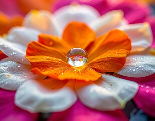 Vibrant floral close-up with a perfect water droplet on colorful petals