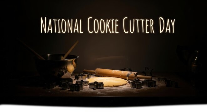 NATIONAL COOKIE CUTTER DAY with baking tools and dough