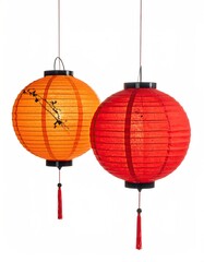 Obraz premium Two round paper lanterns, hanging, orange and red