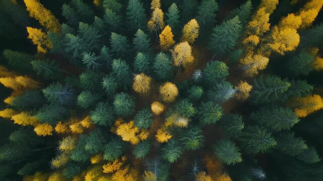 An aerial top-down view of a dense forest showcasing a striking contrast between dark green evergreen trees and clusters of bright yellow deciduous foliage during autumn.
