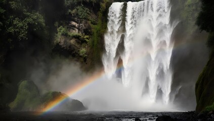A tall waterfall cascades into a misty pool, creating a vivid rainbow at its base.