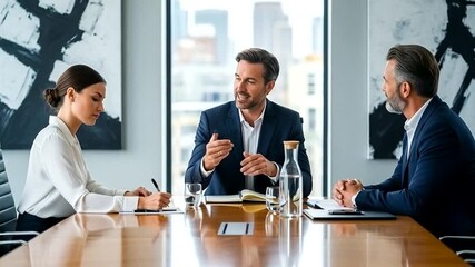 Business team brainstorming innovative ideas in modern office boardroom, dynamic discussion for project success, professional collaboration and strategy planning - Powered by Adobe