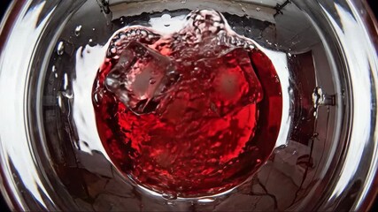 Pouring red liquid over ice cubes for a refreshing drink. - Powered by Adobe