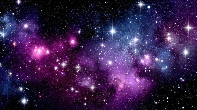A colorful and luminous nebula with countless stars scattered across the vast expanse of deep space, rendered in shades of purple, pink, and blue against a blac
