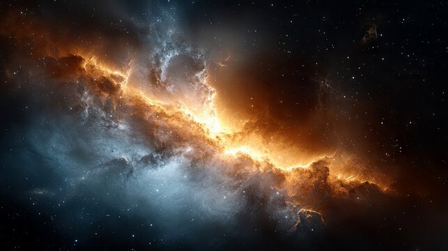 A stunning view of a vast nebula in deep space, characterized by swirling clouds of gas and dust illuminated by a bright, fiery orange glow and contrasting cool