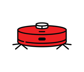 A red robot vacuum cleaner with brushes is cleaning the floor.