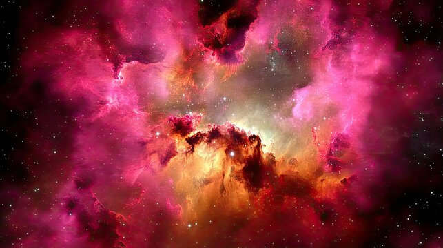 A colorful and expansive nebula filled with glowing gas clouds, cosmic dust, and distant stars in deep space. The vibrant pinks and oranges create a dramatic an
